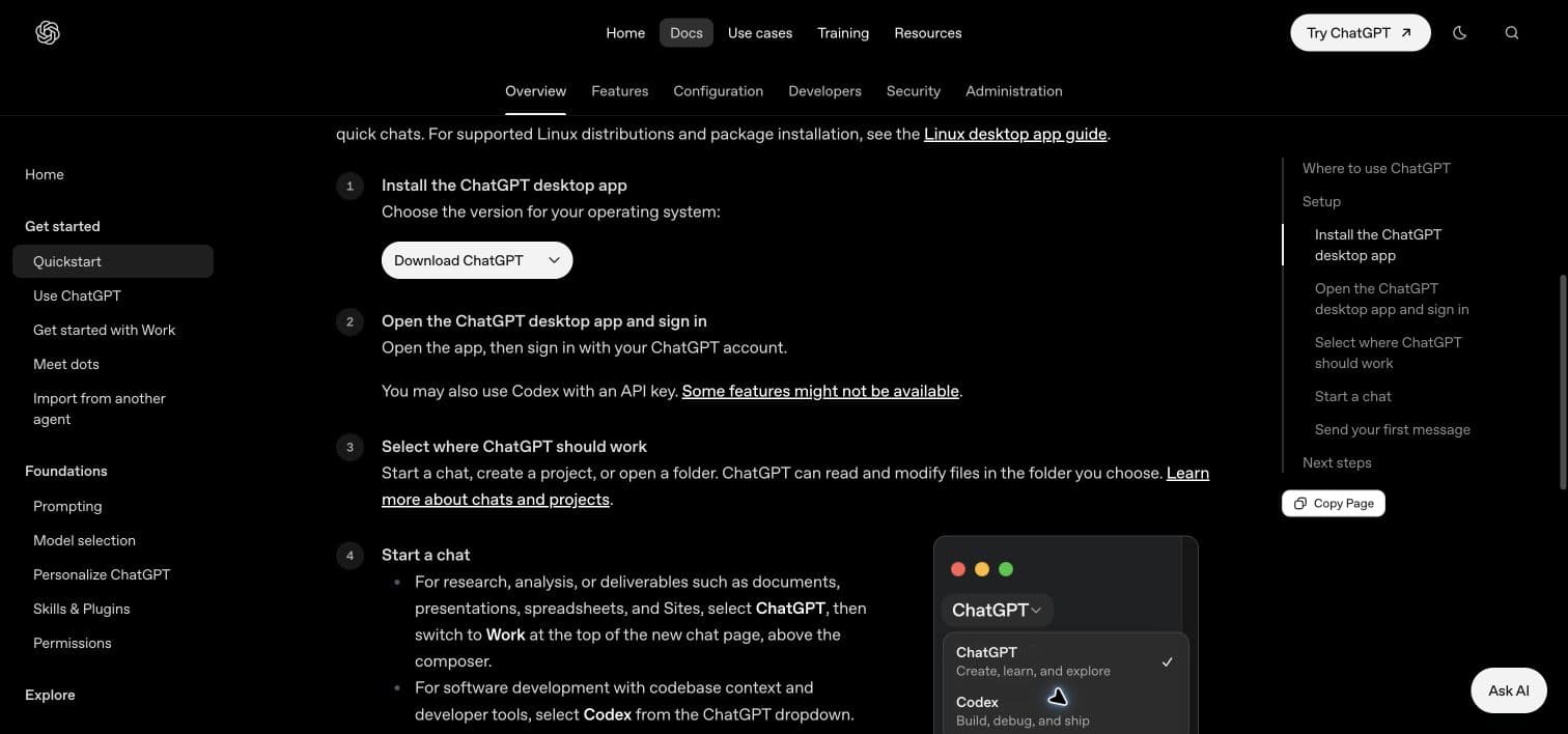 Official Codex desktop setup page with installation instructions