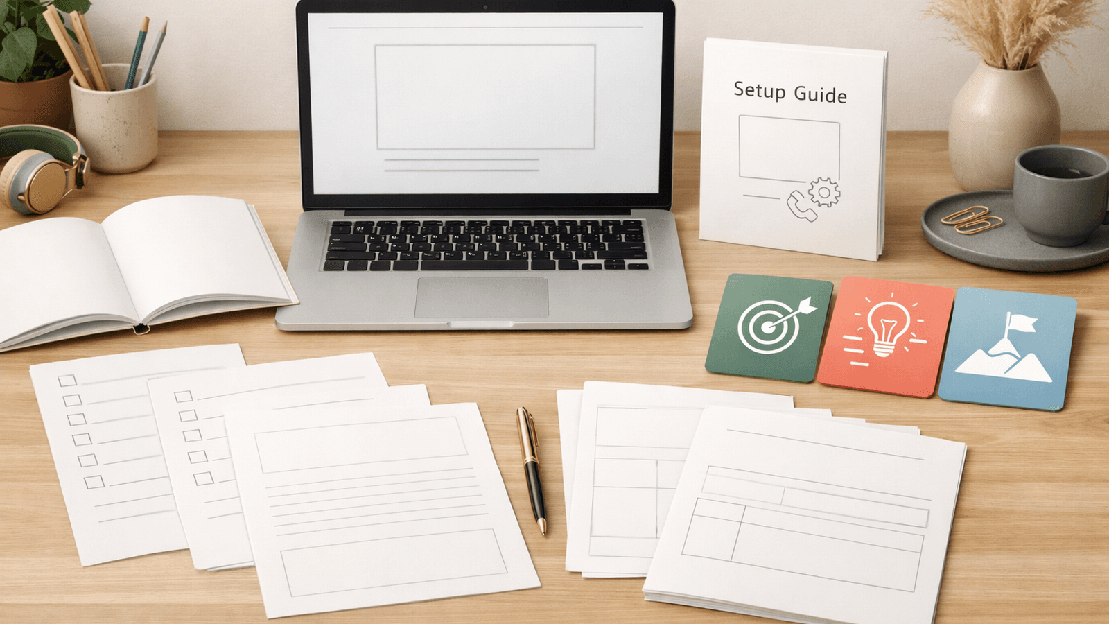 Laptop, setup guide, worksheets, and planning cards from the academy toolkit