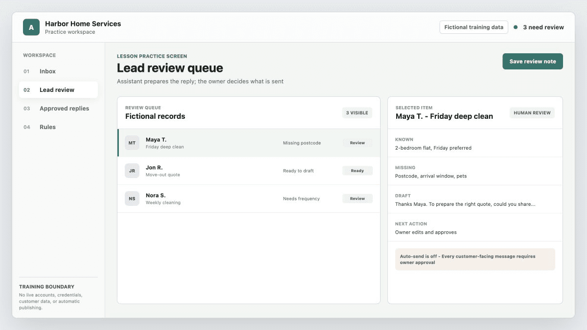 Fictional lead-review dashboard showing three sample customer requests, missing details, a draft reply, and a required owner approval.