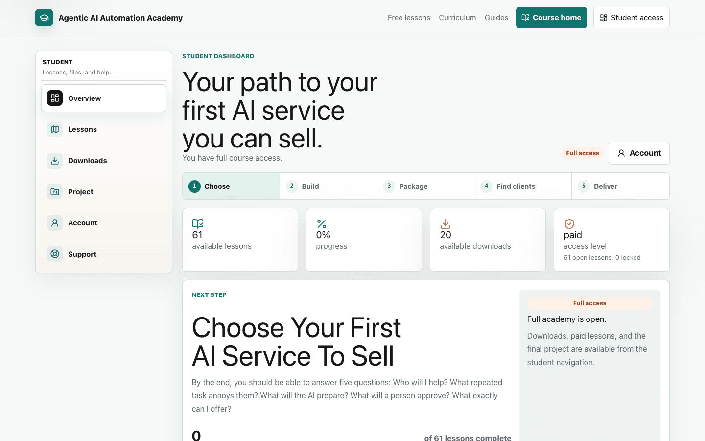 Agentic AI Automation Academy student dashboard with course progress and the next lesson