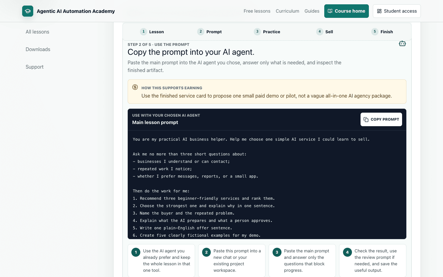 Academy lesson page showing a copyable universal AI agent prompt