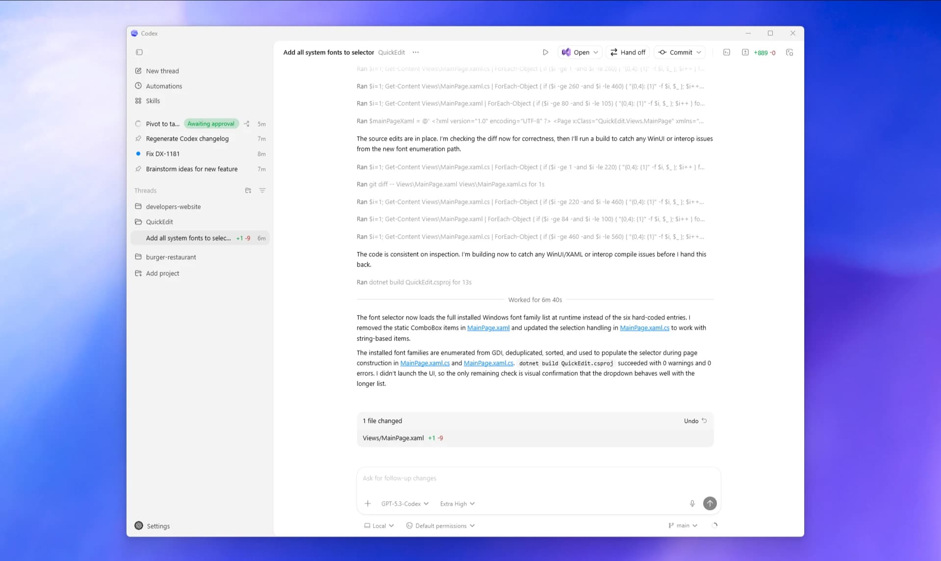 Official Codex app screenshot from OpenAI showing a project sidebar, active thread, and review pane.
